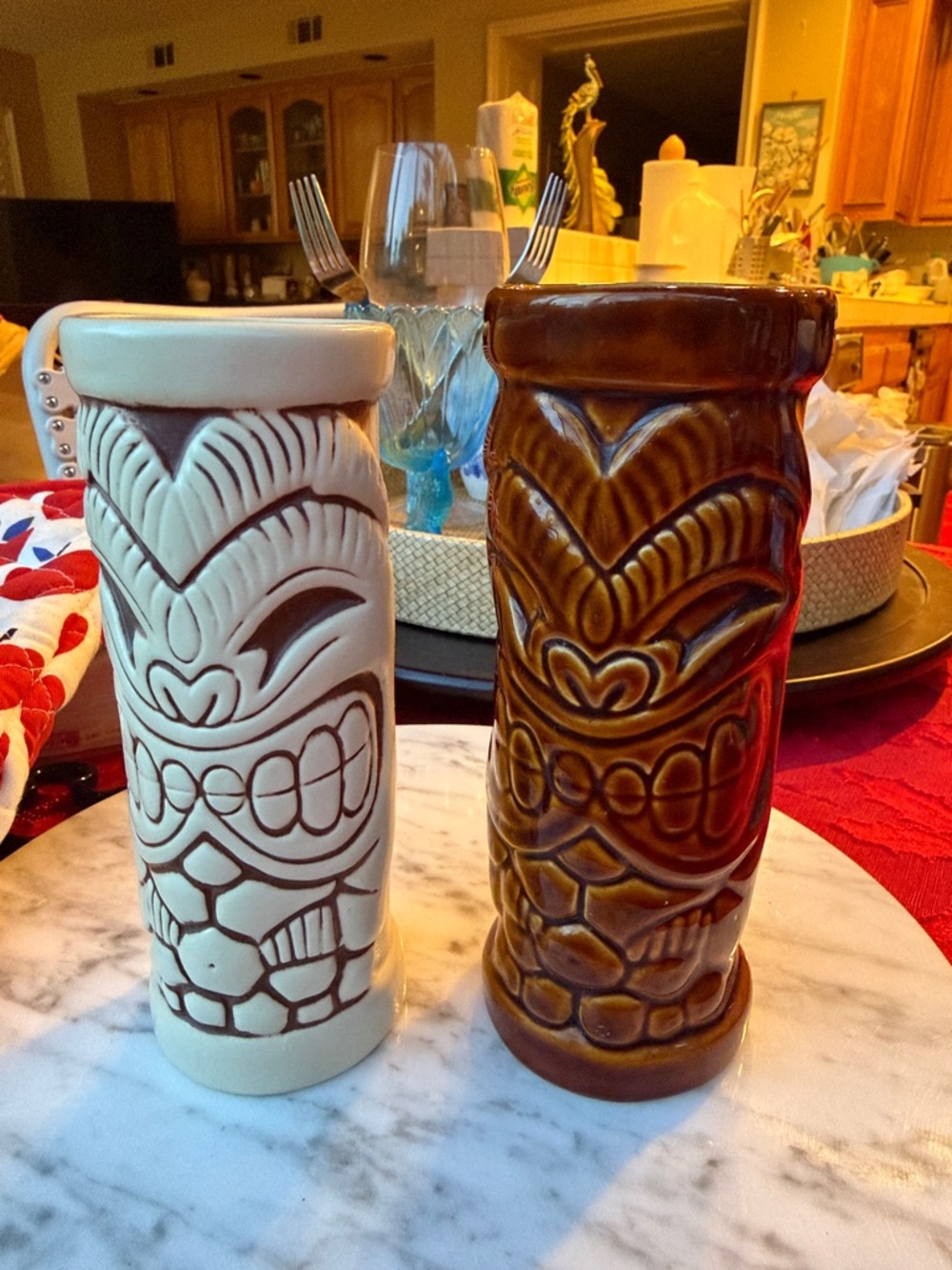 Ceramic Drew Brophy Tiki Mugs Set of 2 - Cream & Brown Bar Tumblers collectible